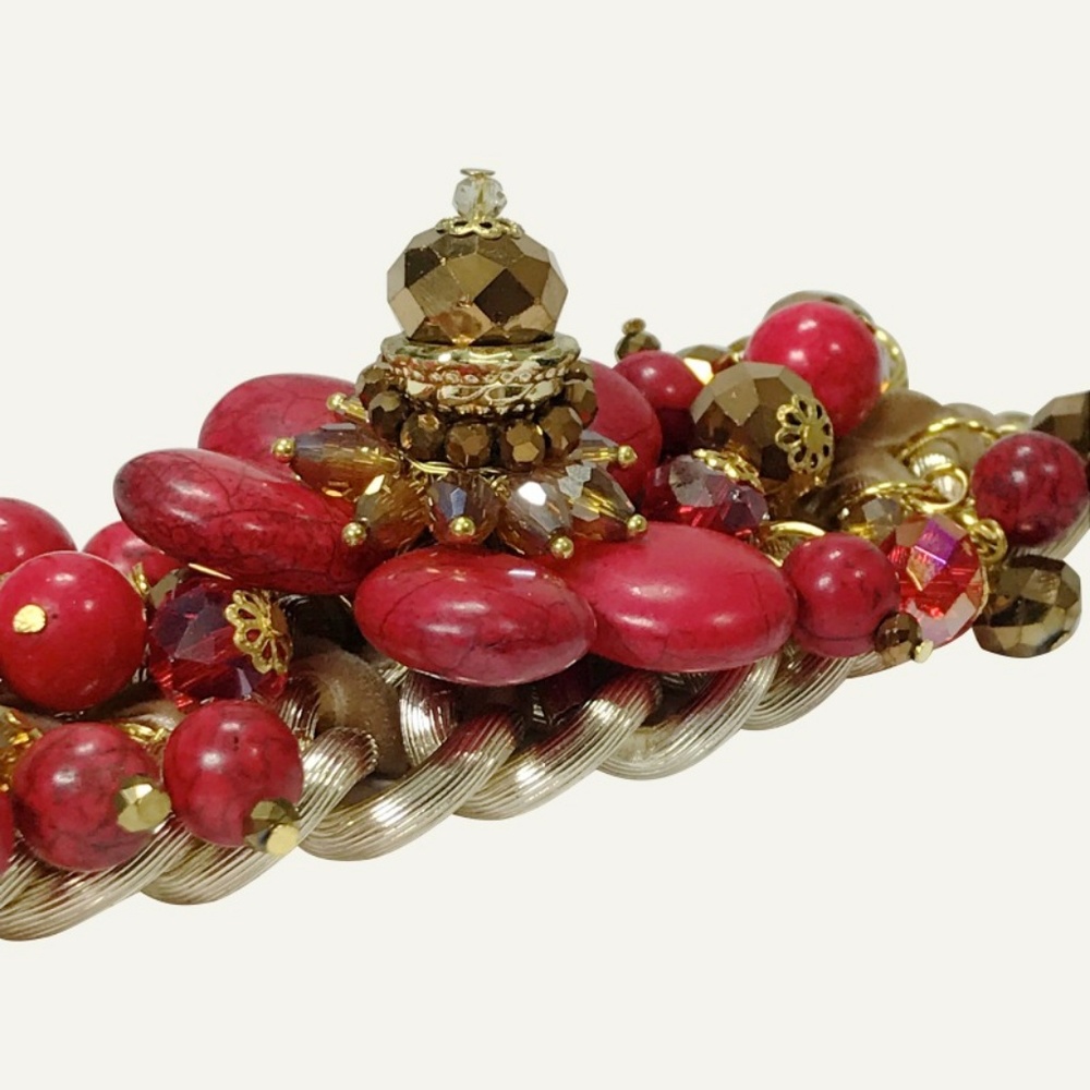 Handmade Red Bracelet Flower Stone Clusters Beads - Picture 2 of 6
